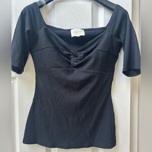 Sezane Black Ribbed Knot-Front Top